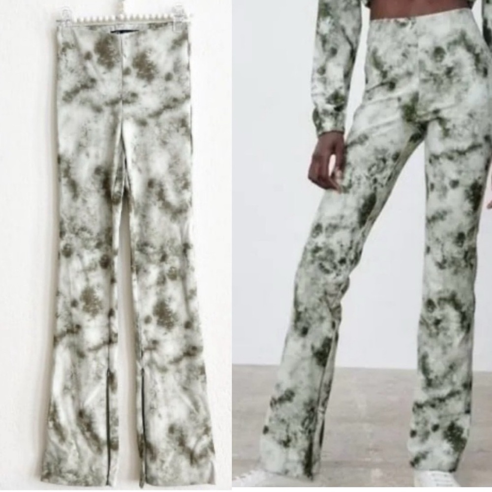 Zara Women's Leggings XS Tall Green Tie Dye High Waisted Kick Flare Bohemian